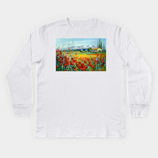 Poppy field near the mountains Kids Long Sleeve T-Shirt